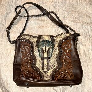 Montana West Brown and Cream Embroidered Shoulder Bag